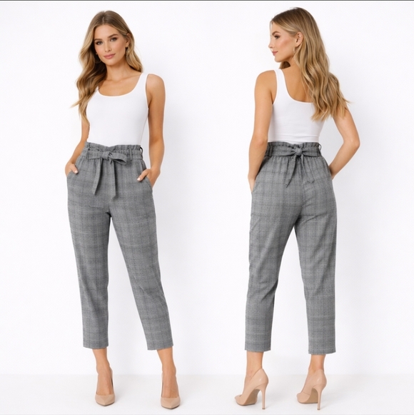 Pants - Grey Glen Plaid Paperbag Waist Tapered Ankle Pants Office Chic